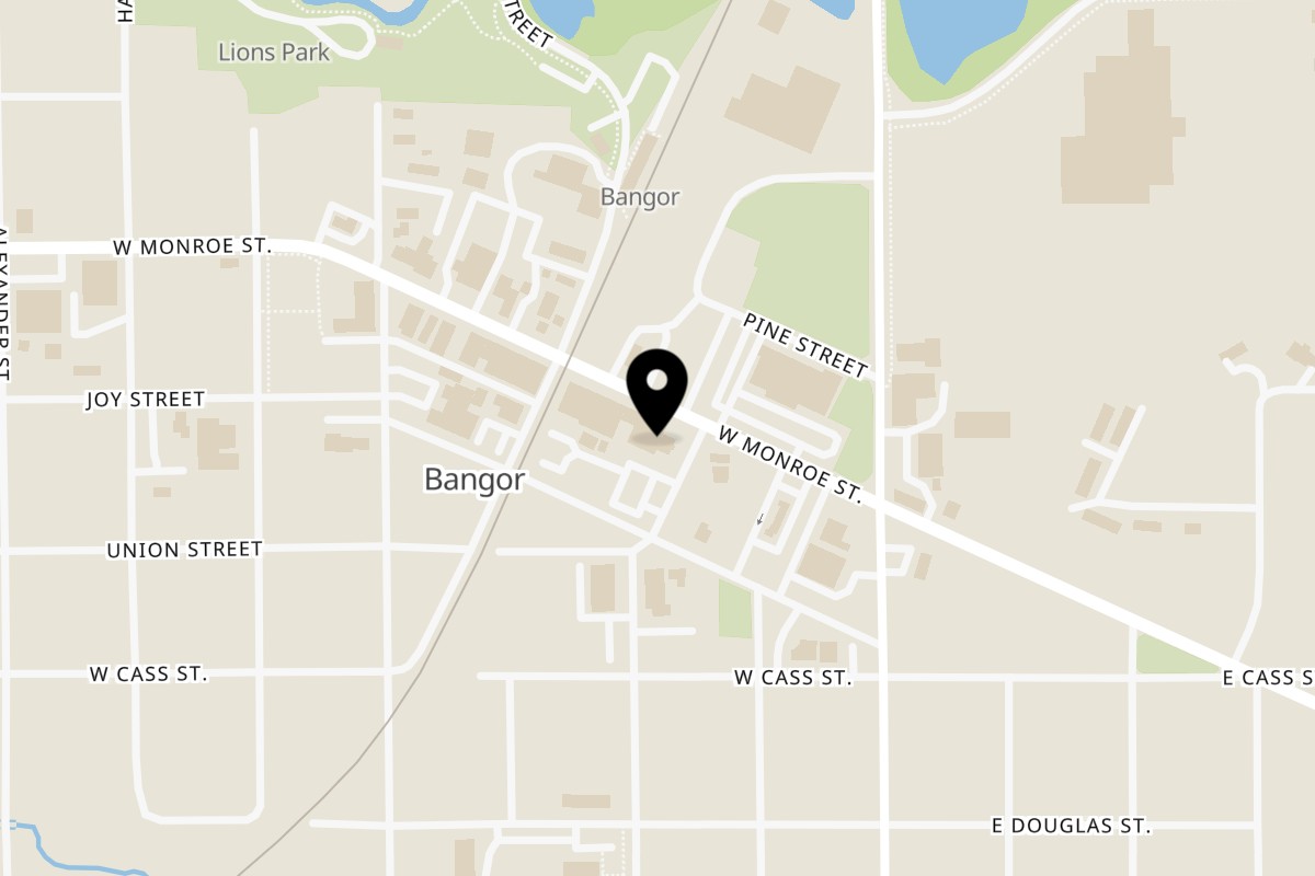 Map showing the location of Roma Pizza on 111 W Monroe St in Bangor